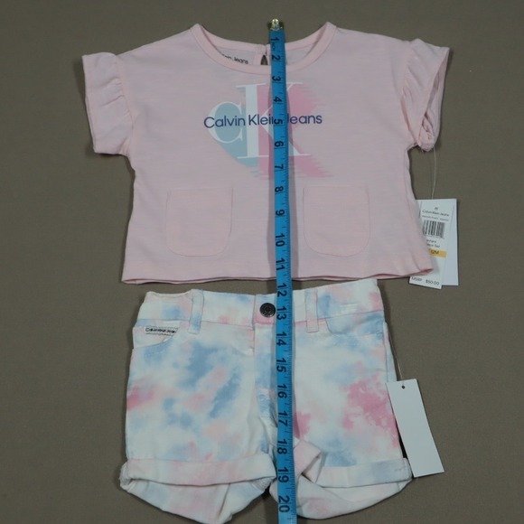 Calvin Klein Baby Girls Ruffled T Shirt and Denim Shorts 2 Piece Set - Pink 12M - Picture 4 of 8